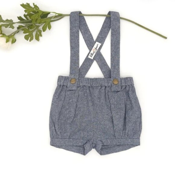 Chambray Blue Linen Suspender Shorts - Picture 1 of 10